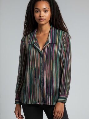 NWOT Vintage Vertical Jewel Tone Stripe Button-Front Blouse Metallic